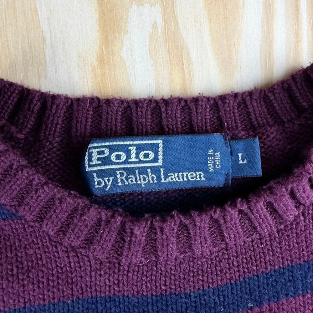 Polo Ralph Lauren Mens Striped Crewneck Sweater‎ Burgundy Navy Blue Large Pony L